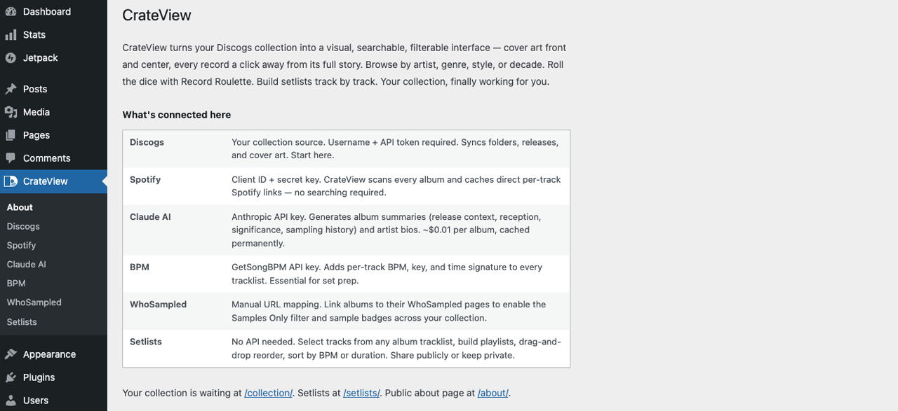 WordPress dashboard with CrateView interface