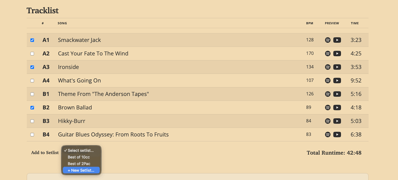 Album tracklist with checkboxes and Add to Setlist dropdown