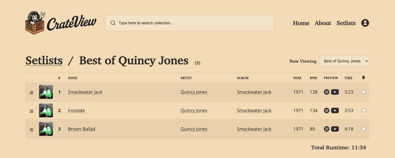 Setlist page with drag handles, sortable columns, and preview icons